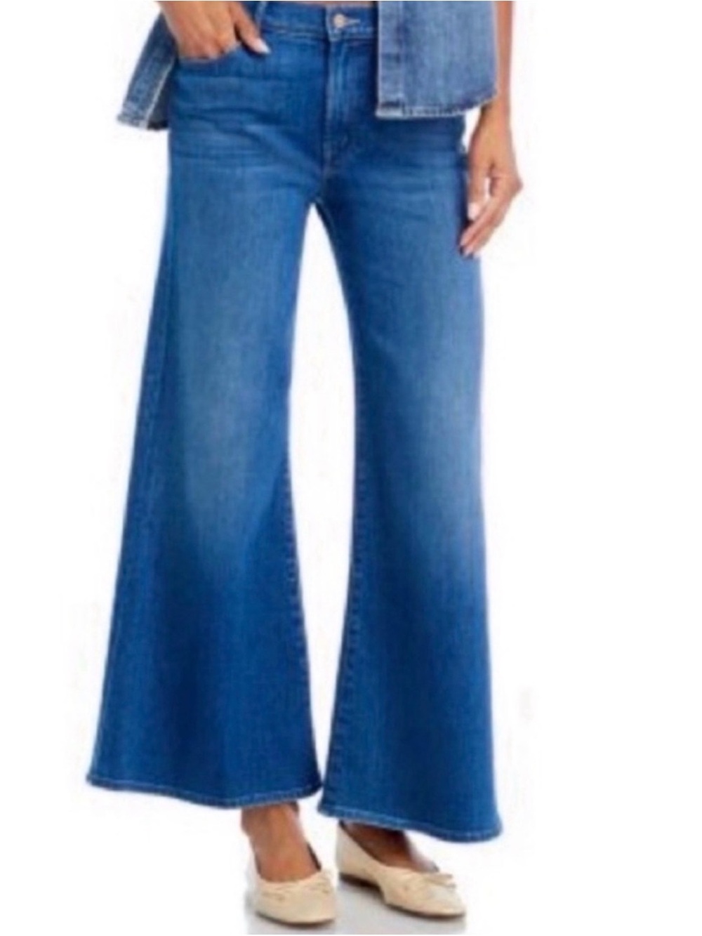 MOTHER Flared Wide Leg Jeans in Medium Blue Denim